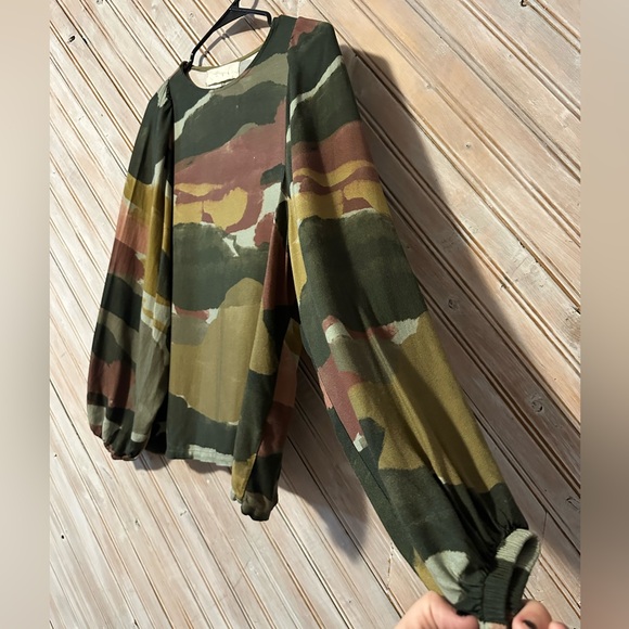 Pan Earthy Camo Water Colour Print Long Sleeve Blouse Olive Multi Flowing - Picture 5 of 6
